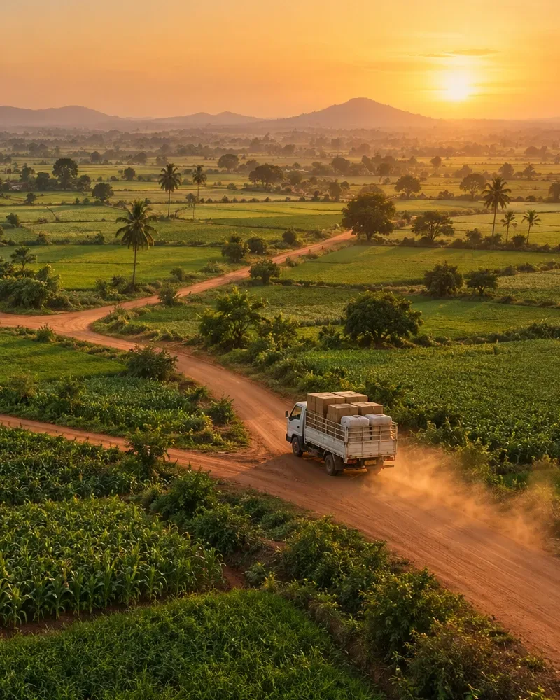 Delivery truck on a village road through farmland