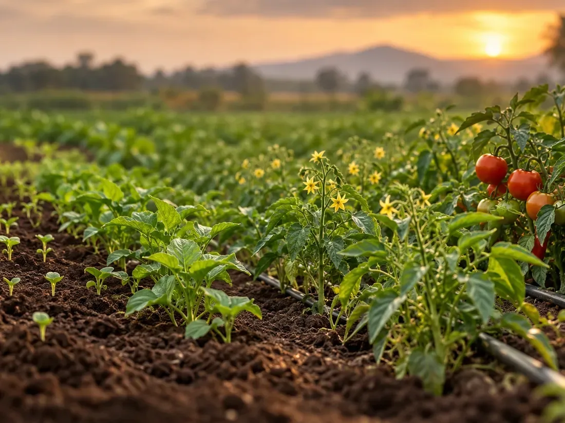 Crop rows from young seedlings to fruiting plants
