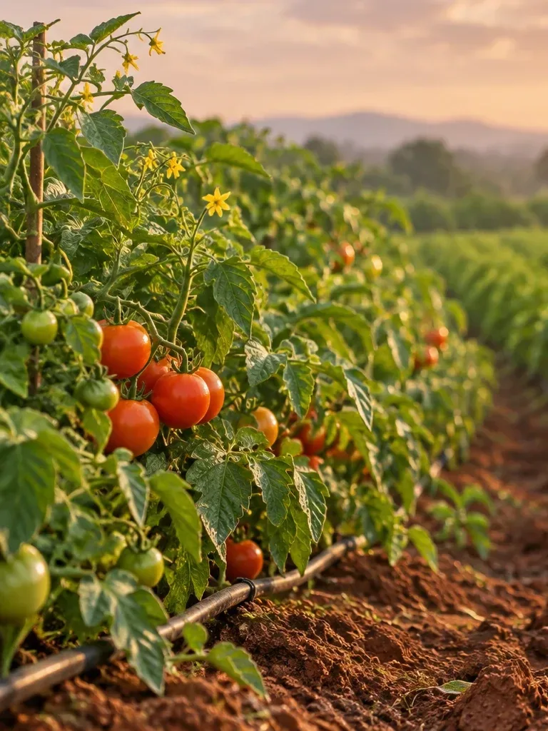 Healthy tomato plants on drip irrigation
