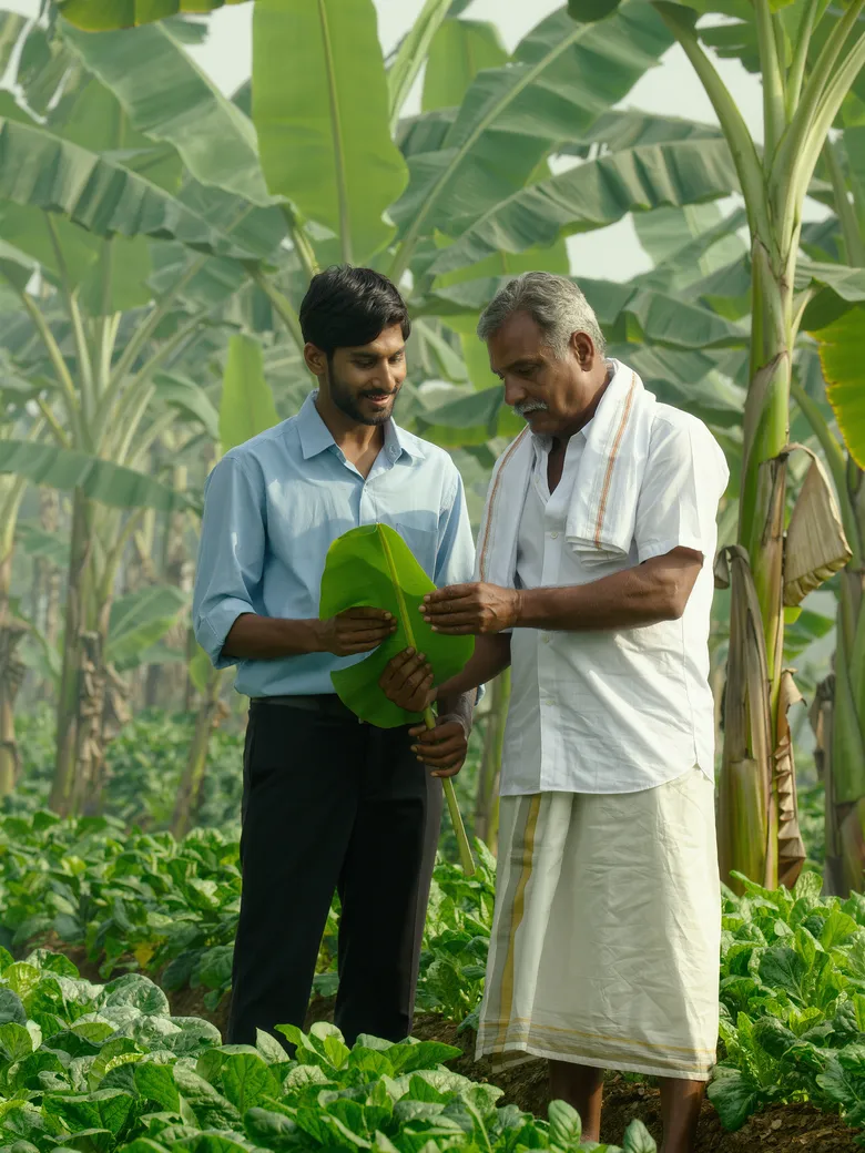 Agricultural expert and farmer checking a healthy banana leaf together