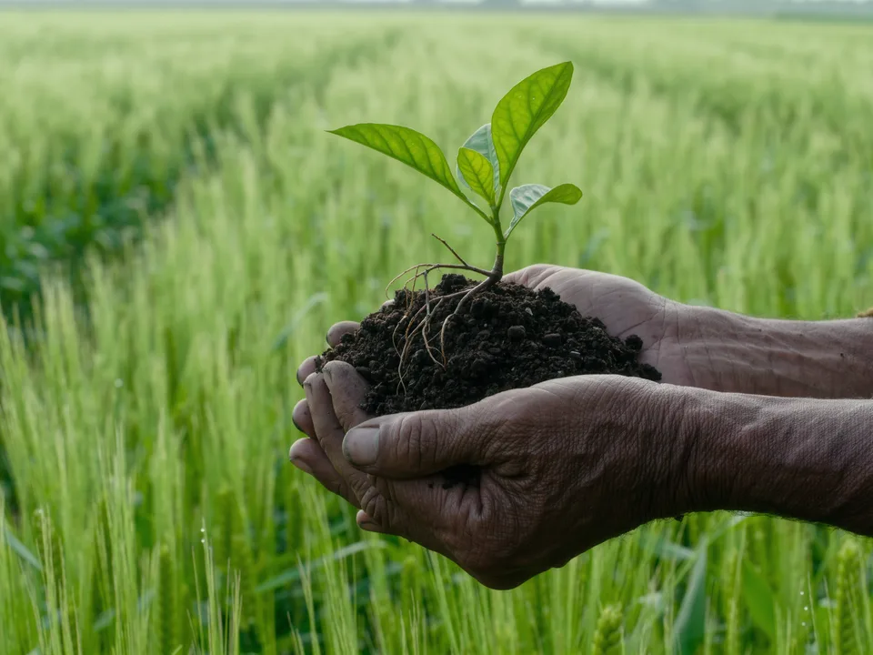 Farmer holding rich soil with a healthy young plant