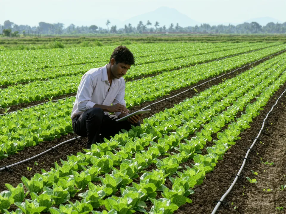 Agronomist checking crops with a tablet in a drip-irrigated field